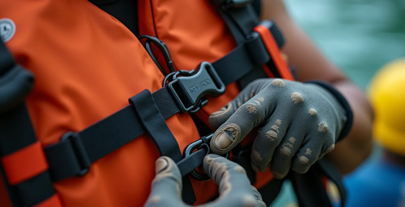 Nahaufnahme von professioneller Wassersport-Sicherheitsausrüstung bei Inspektion