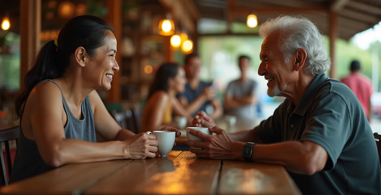 Kontrast zwischen authentischer Pura Vida Lebensweise eines älteren Mannes und der kommerziellen Nutzung im Tourismus.