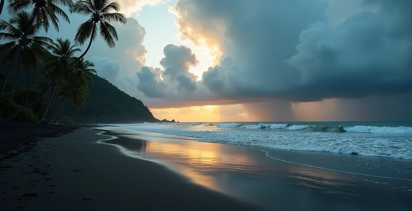 Dramatischer Himmel mit Gewitterwolken über der Pazifikküste Costa Ricas während der Regenzeit