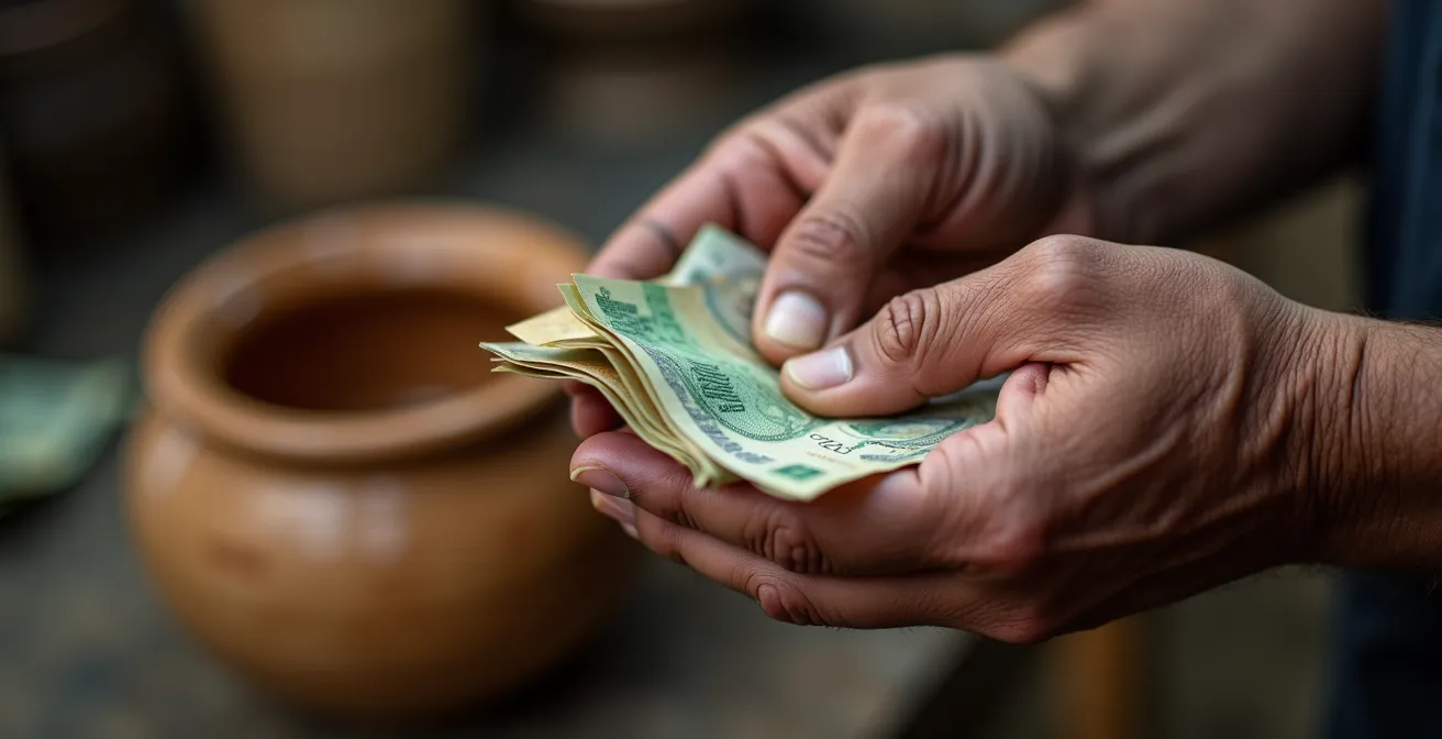 Hände überreichen Geldscheine beim fairen Direktkauf von Kunsthandwerk