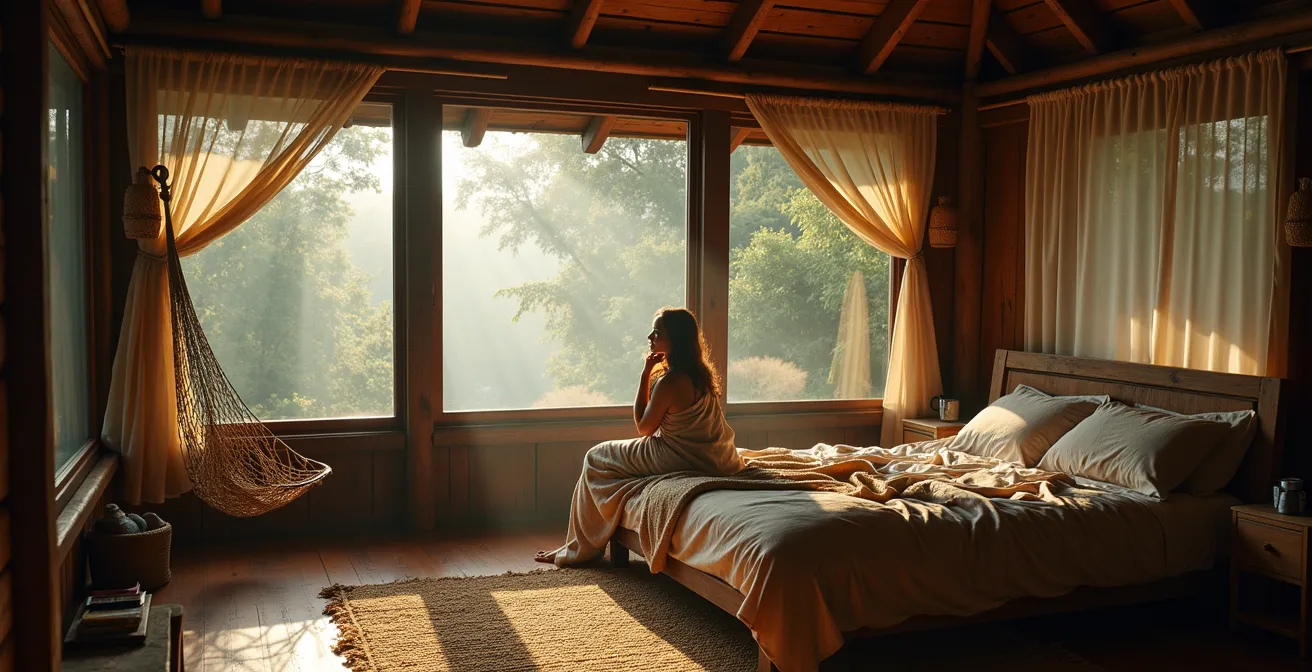 Gemütlicher Innenraum eines Baumhauses mit Holzelementen und Panoramafenster zum Dschungel