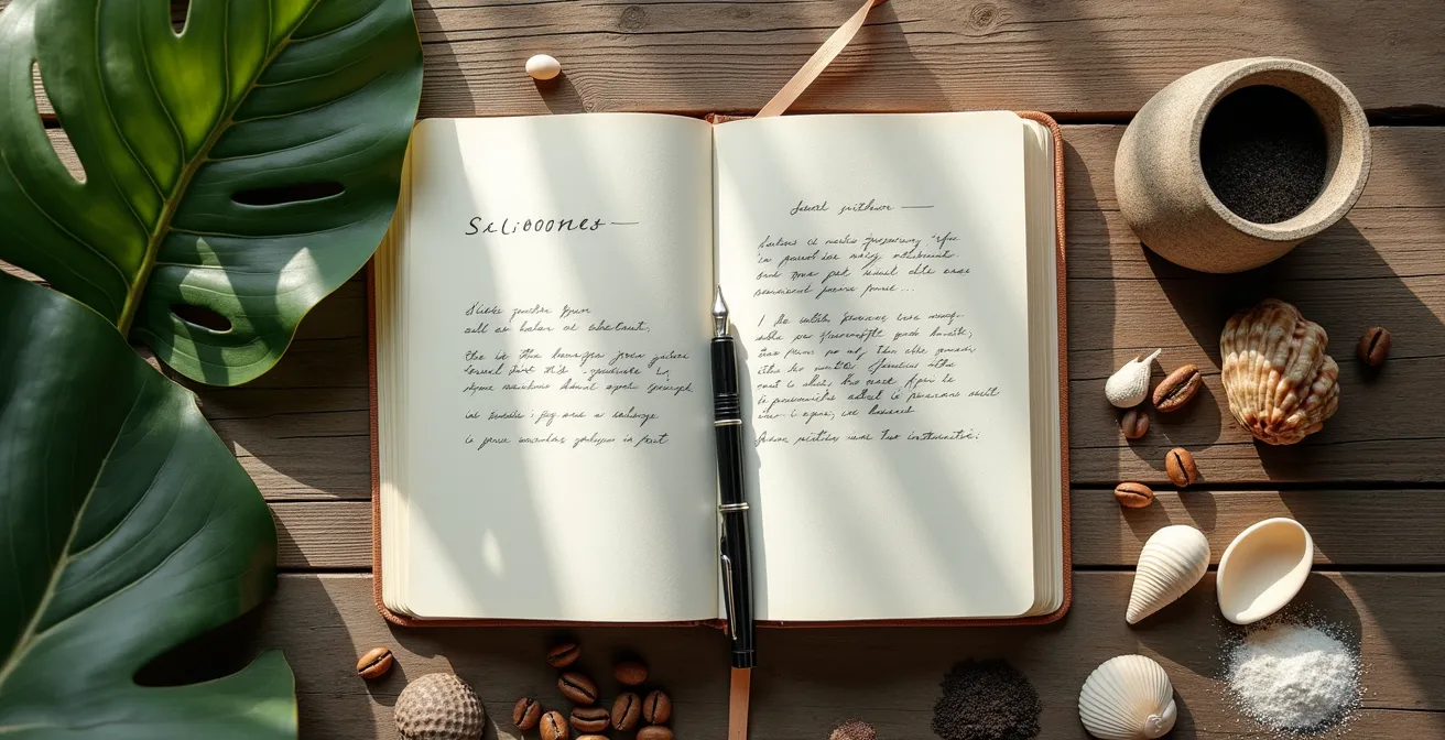 Hände schreiben in ein Naturtagebuch umgeben von tropischen Elementen