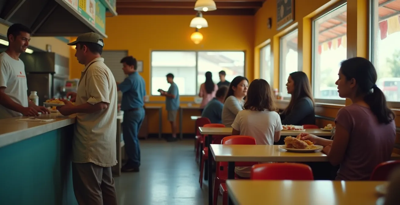 Geschäftiger Mittagsansturm in einem lokalen Soda mit costa-ricanischen Arbeitern