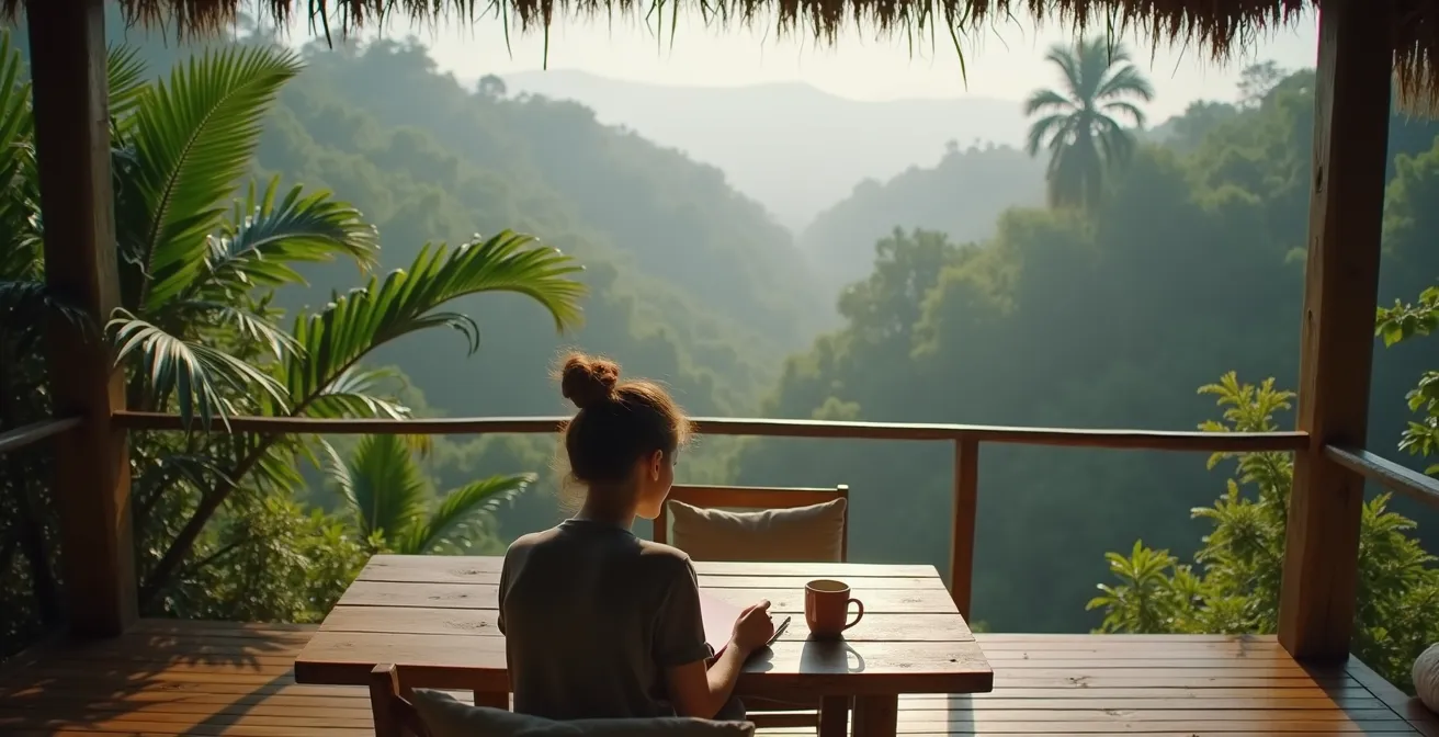 Ruhiger Arbeitsbereich auf einer Hostelterrasse mit Blick in den Dschungel