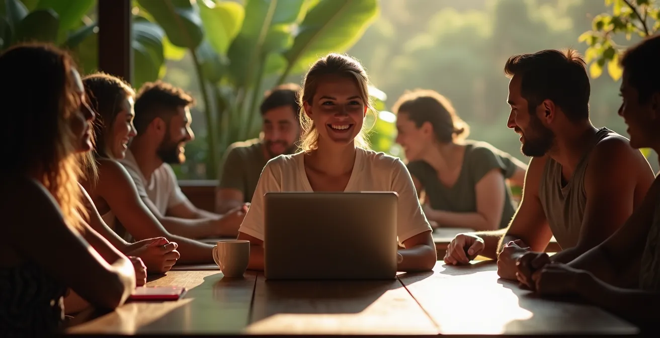 Solo-Reisender in Interaktion mit Paaren im Hostel-Gemeinschaftsbereich