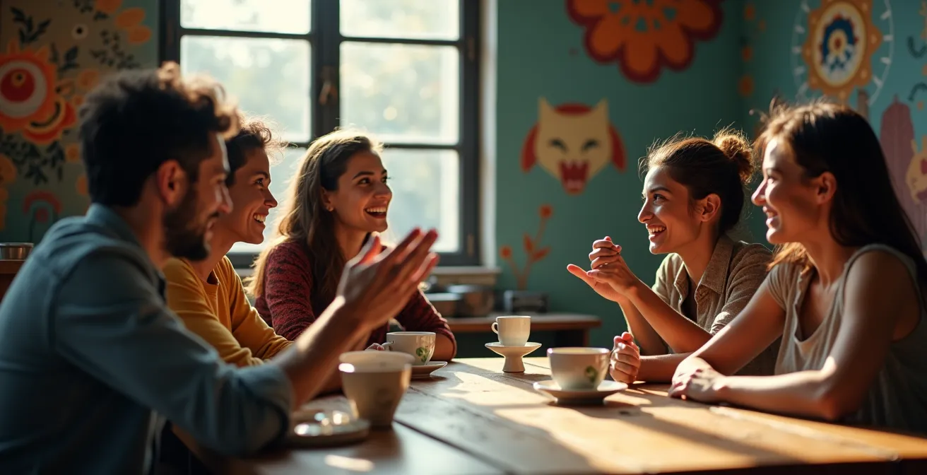 Künstlerisches Café-Interieur mit Street-Art-Elementen und kreativer Atmosphäre in San José