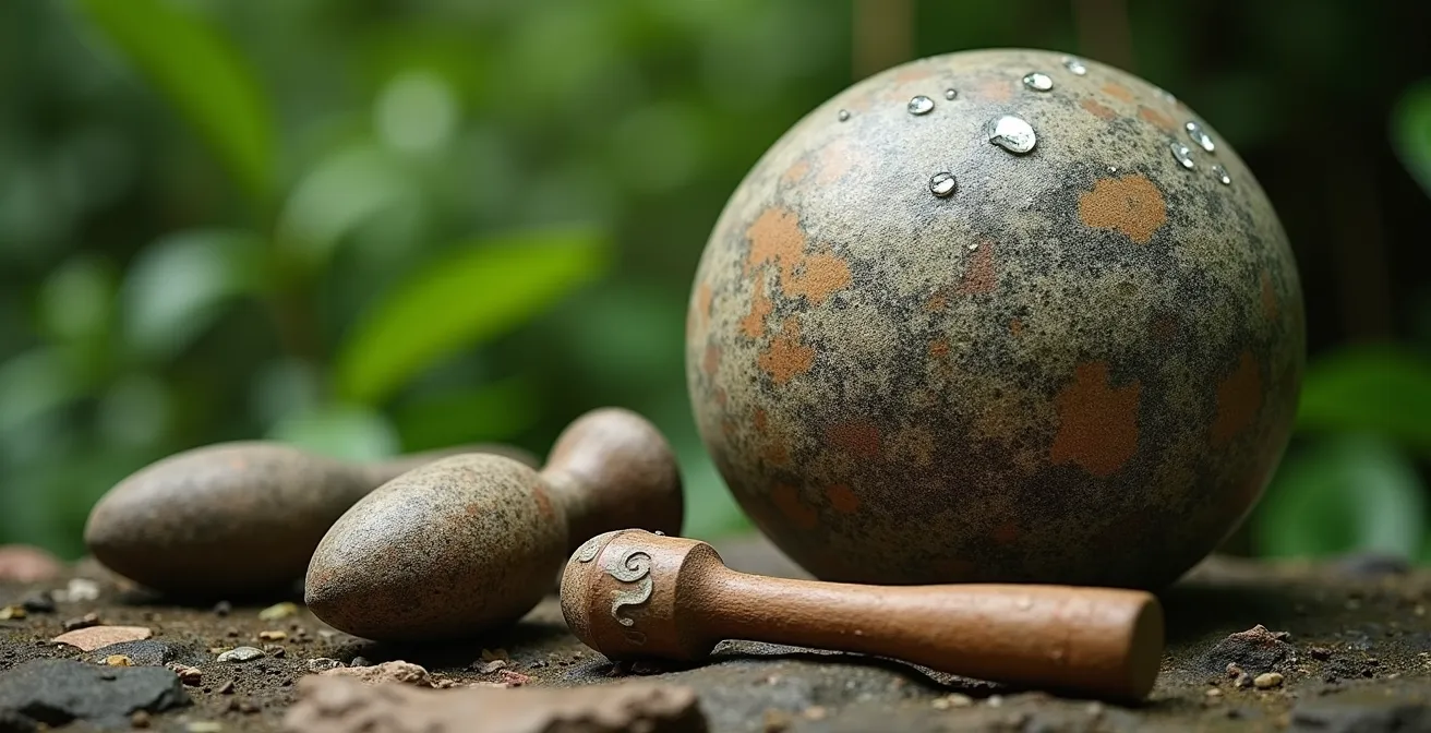 Makroaufnahme der Bearbeitungsspuren auf einer präkolumbischen Steinkugel
