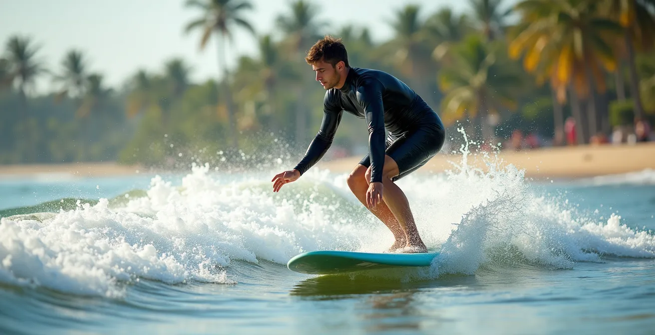 Nahaufnahme der perfekten Pop-up Bewegung eines Surfschülers auf einem Softboard in Costa Rica