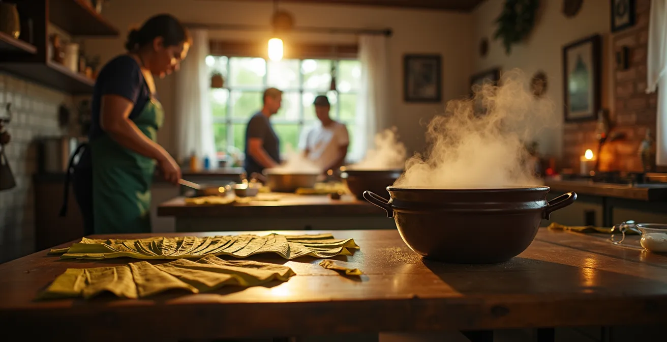 Festliche Tamaleada-Szene in einer costa-ricanischen Küche im Dezember