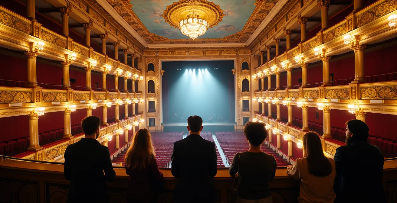 Prunkvoller Innenraum des Teatro Nacional mit goldenen Verzierungen und rotem Samt