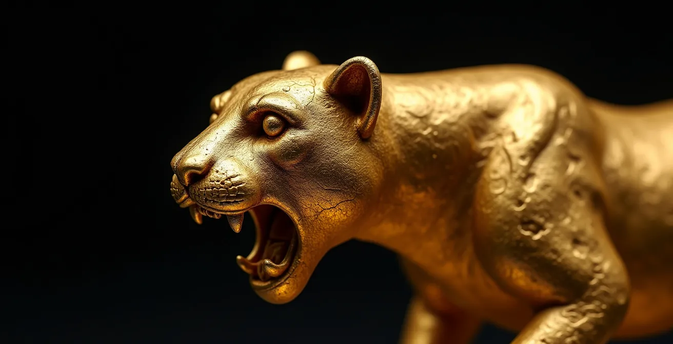 Makroaufnahme eines präkolumbischen Goldartefakts mit filigranen Details