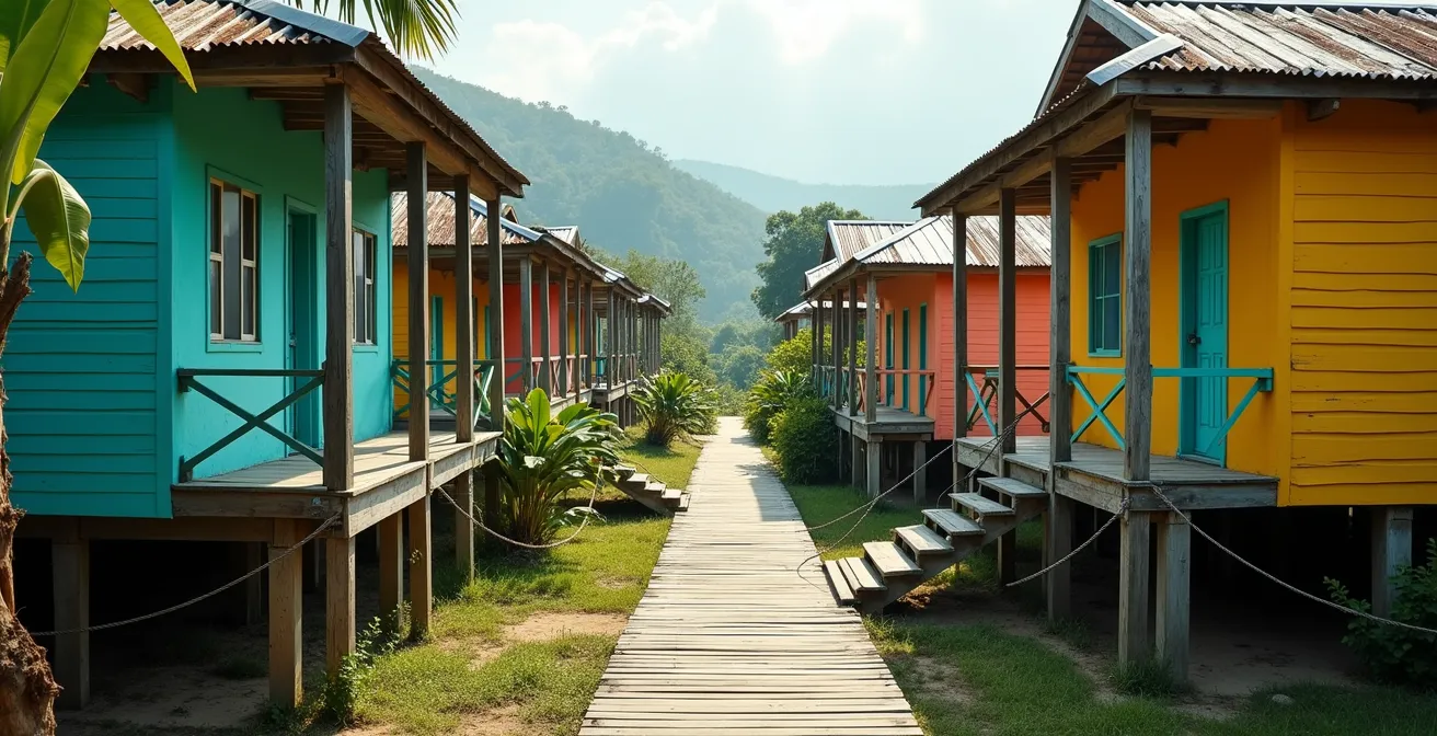 Farbenfrohe traditionelle Holzhäuser auf Stelzen in der karibischen Region Limón