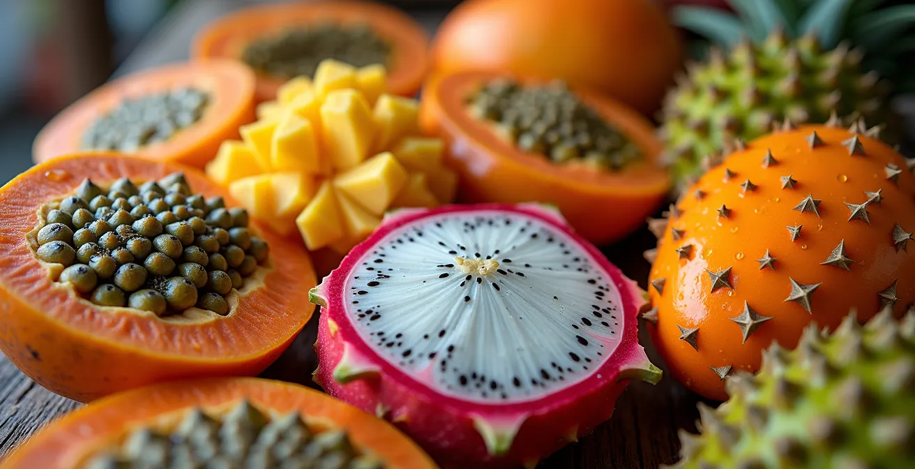 Makroaufnahme exotischer tropischer Früchte mit sichtbaren Texturen