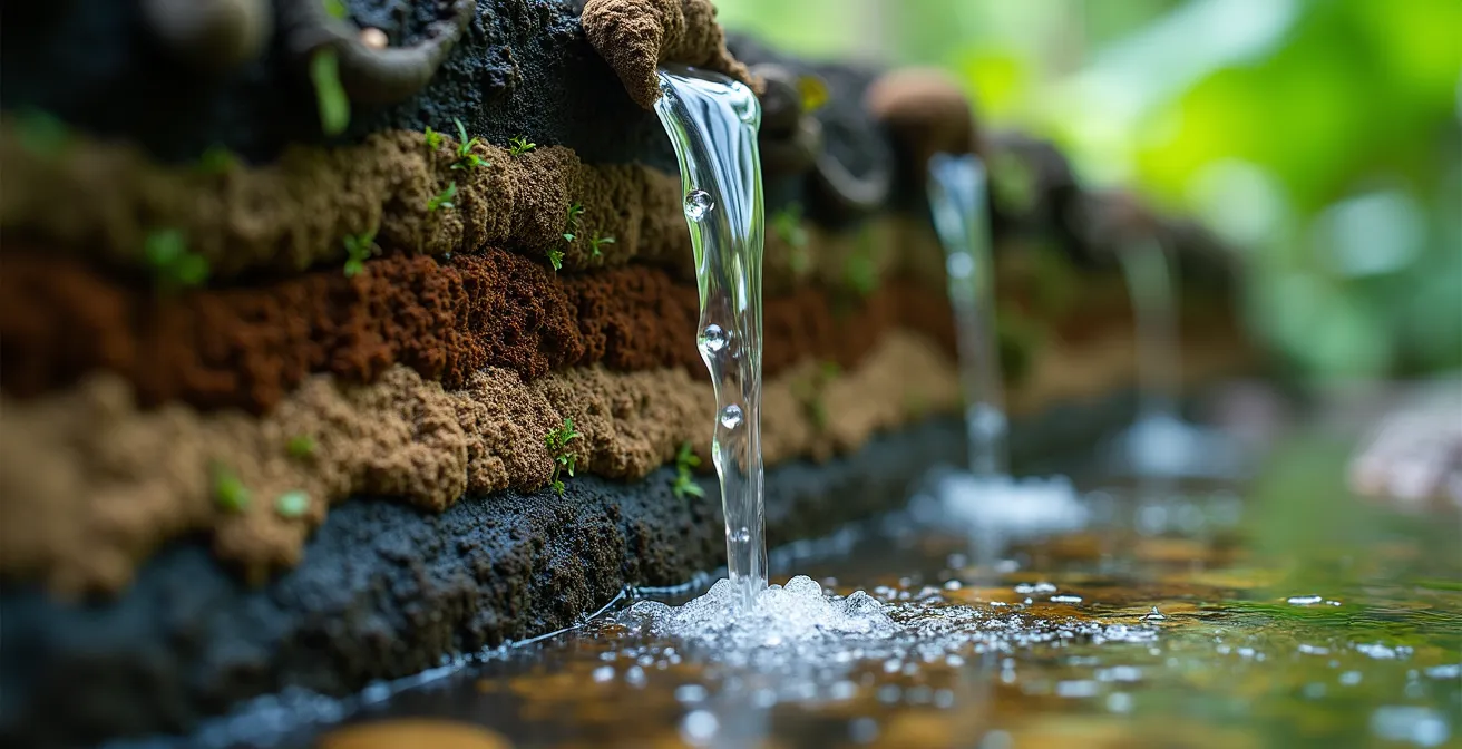Nahaufnahme einer verborgenen nachhaltigen Infrastruktur, die die Schichten eines natürlichen Wasserfiltersystems zeigt.