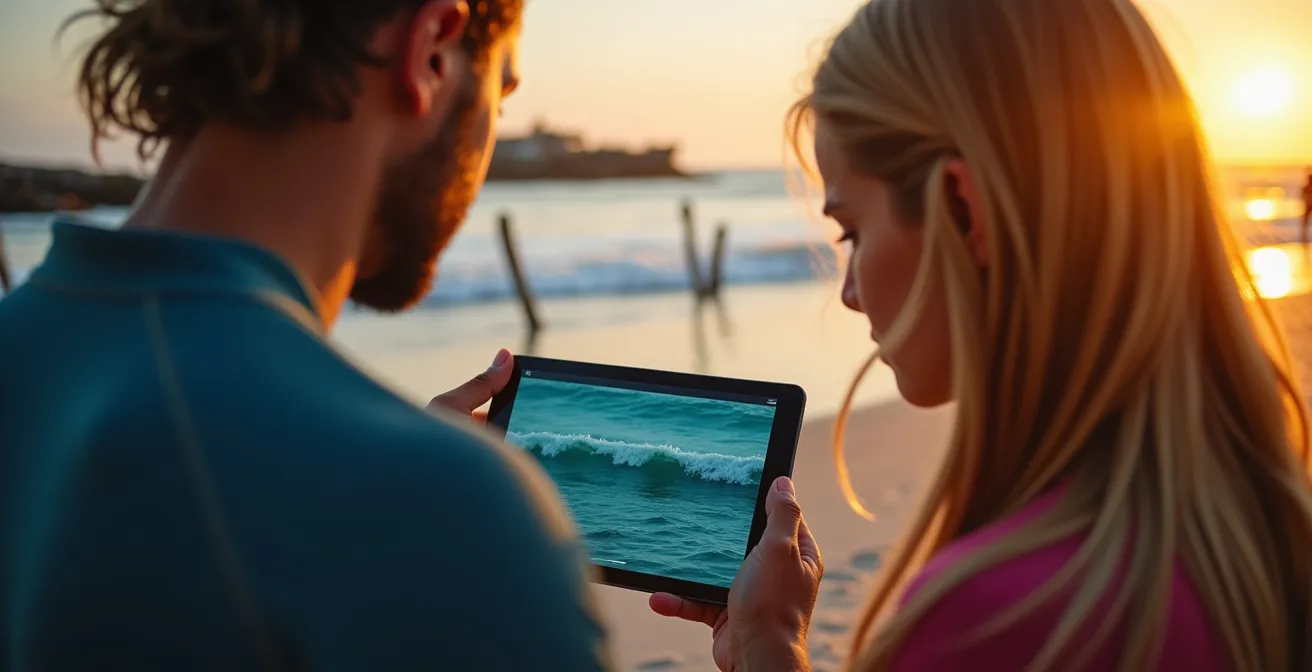 Surfschüler analysiert Videoaufnahmen seiner Technik mit Trainer am Strand