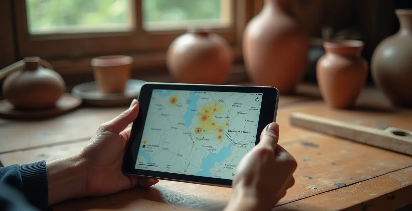 Smartphone-Bildschirm zeigt Karte mit markierten Handwerkerwerkstätten in Costa Rica