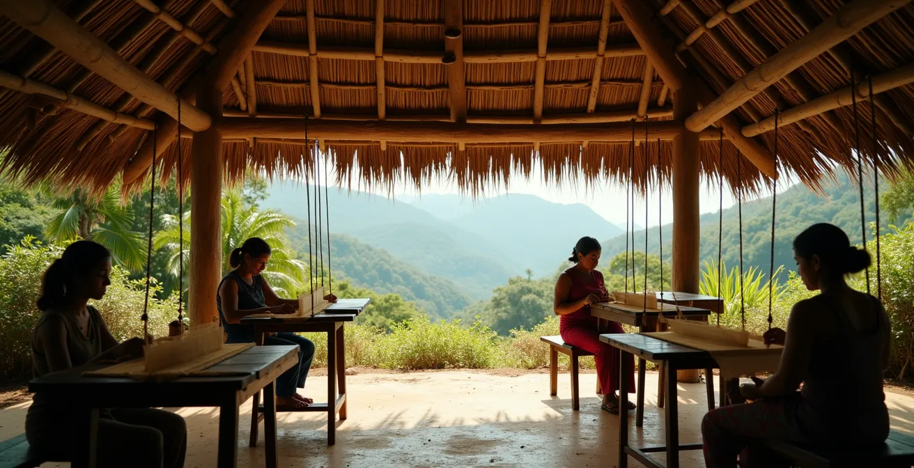 Weitwinkelaufnahme einer traditionellen Boruca-Werkstatt mit Frauen am Webstuhl in natürlicher Umgebung